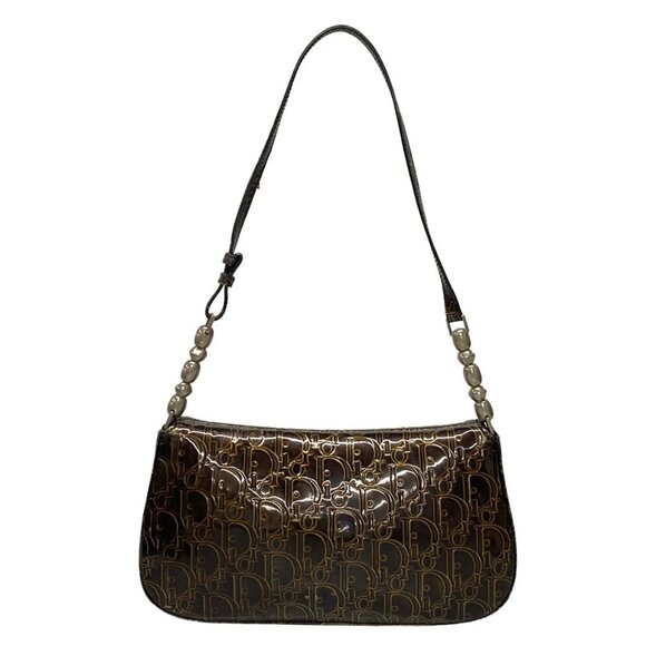 Auth DIOR/ChristianDior Maris Pearl,Trotter - Dark Brown Patent Leather Handbag - Picture 2 of 16